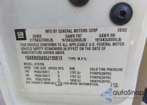 2003 GMC Yukon Denali z USA, uszkodzony, nr VIN 1GKEK63U93J135613